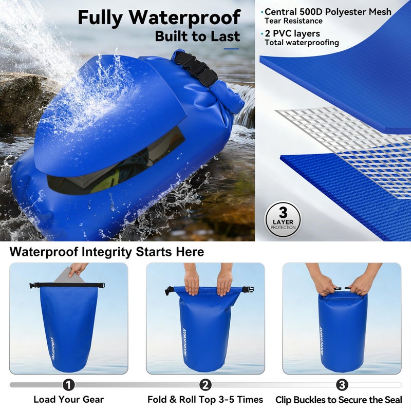 MARCHWAY Floating Waterproof Dry Bag Backpack 5L/10L/20L/30L/40L, Roll Top Sack Keeps Gear Dry for Kayaking, Rafting, Boating, Swimming, Camping, Hiking, Beach, Fishing (Dark Blue, 5L) - Image 3